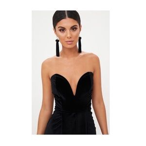 black velvet draped wrap detail bandeau maxi dress